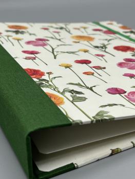 Ringbuch Hefter A5 Blumen Garten grün bunt Detail Rücken Bindung Leinen